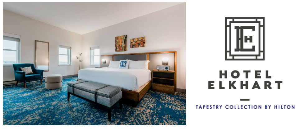 Hotel Elkhart, Tapestry Collection by Hilton
500 S. Main Street
Elkhart, Indiana 16516
Hotel Direct: 574-721-8498
Hilton: 844-3-TAPESTRY
Located in the heart of downtown Elkhart, Just 8 miles from RV/MH Hall of Fame. Hotel Elkhart is Elkhart's only full service hotel with two Restaurants, High Note Rooftop Bar, and within walking distance to shops, restaurants and Lerner Theatre. 
Link: https://www.hotelelkhart.com/
